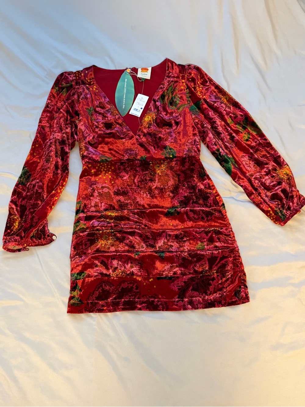 FARM Rio Farm Rio Velvet Floral V-Neck Mini Dress Deep Red M NWT - Picture 3 of 15